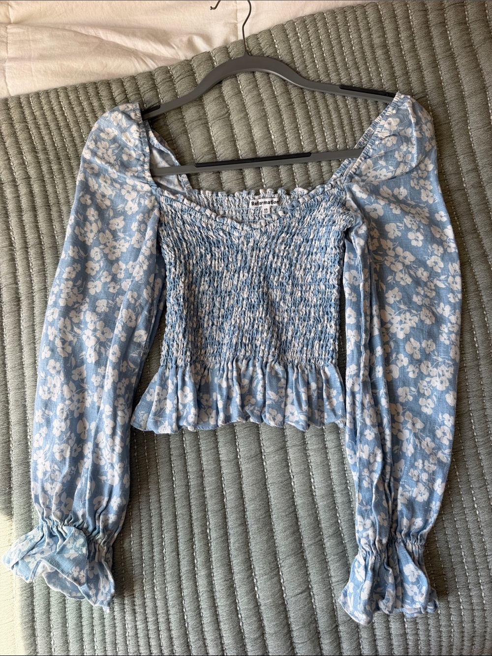 Reformation Light Blue Floral Smocked Puff-Sleeve Crop Top
